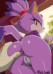 2025 accessory anthro anus artist_name ass black_nose blaze_the_cat bottomless butt_grab cheek_tuft clothed clothing domestic_cat duo eyelashes facial_tuft felid feline felis female forehead_gem frown fur gem genitals hair hair_accessory hairband hand_on_butt hi_res looking_at_viewer looking_back low-angle_view mammal purple_body purple_fur purple_hair rick_lewd sega short_hair solo_focus sonic_the_hedgehog_(series) text tuft twitter_handle vulva