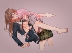 2girls bang_dream! bang_dream!_it's_mygo!!!!! barefoot between_legs blue_eyes blue_shirt blue_skirt blush breasts brown_hair chihaya_anon chinese_commentary commentary_request female fingering grabbing_another's_breast green_skirt grey_jacket groping haneoka_school_uniform highres jacket large_breasts long_hair multiple_girls muonrei00 nagasaki_soyo open_clothes open_shirt parted_lips pink_background pink_hair plaid_clothes plaid_skirt pleated_skirt pussy_juice sailor_collar school_uniform shirt skirt toes tsukinomori_school_uniform white_sailor_collar yuri