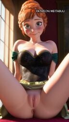 ai_generated anna_(frozen) anus bare_shoulders blue_eyes blush braid breasts cleavage clitoris closed_mouth clothes_lift collarbone disney disney_channel disney_princess dress female freckles frozen_(film) frozen_2 green_eyes hair_bun indoors looking_at_viewer medium_breasts meitabuu no_panties off-shoulder_dress off_shoulder orange_hair presenting pussy short_hair single_hair_bun sitting smile solo spread_legs strapless strapless_dress uncensored updo window