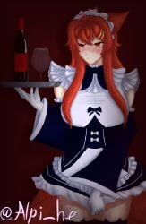 alpi_he big_breasts blush bow female female fox fox_ears glass gloves hairpins long_hair looking_at_viewer maid maid_headdress maid_uniform plate red_background red_eyes red_hair stockings tail wine