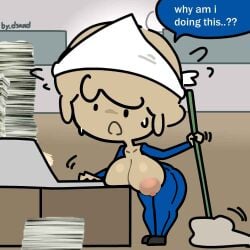 billy_worker blue_pants bodysuit book book_stack breast_rest breasts chibi cleaning clothing english_language english_text female flying_sweatdrops hat headwear holding holding_mop huge_breasts janitor large_breasts my_ghost_friend nipples office open_clothes open_mouth pants paper_stack rule_63 short_hair solo text