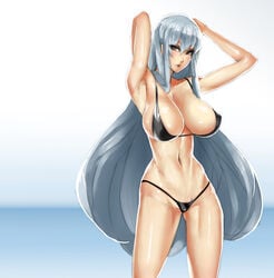 1girls armpits arms_up bikini breasts cleavage eu03 female grey_hair large_breasts long_hair selvaria_bles solo standing swimsuit valkyria_chronicles