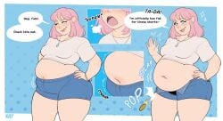 bragging button_pop dialogue huge_belly kay_inthedark(artist) mirro pink_hair tagme wardrobe_malfunction weight_gain