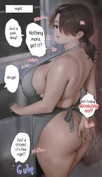 1girls apron apron_only ass bbw big_ass breasts brown_hair chubby chubby_female dialogue english_text female female_only huge_breasts incest incestuous judies large_ass mature mature_female mature_woman milf mole mole_under_eye mother mother_and_child mother_and_son one_eye_obstructed open_mouth original parent parent_and_child plump sideboob solo solo_female sweat sweatdrop sweating text text_box text_bubble