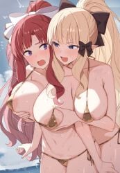 2girls akino_(princess_connect!) arm_between_breasts bangs beach belly belly_button big_breasts bikini black_ribbon blonde_hair blue_eyes blunt_bangs blush breast_grab breast_grab_from_behind breasts cygames elf elf_ears elf_female female female/female female_only golden_bikini groping_breasts groping_from_behind hair_ribbon hands_on_breasts high_resolution highres huge_breasts human human_female large_breasts light-skinned_female light_skin long_hair looking_at_each_other looking_at_partner micro_bikini open_eyes open_mouth outdoors pointy_ears ponytail princess_connect! princess_connect!_re:dive purple_eyes red_hair ribbon saren_(princess_connect!) sidelocks sixteenpo surprised surprised_expression sweat sweating swimsuit