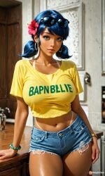 1girls ai_generated bare_arms bare_legs bare_midriff bare_thighs blue_eyes blue_hair bracelet disney disney_channel earrings eyebrows eyelashes eyeliner eyeshadow female flower_in_hair hi_res hoop_earrings jean_shorts ladybug_(character) looking_at_viewer marinette_cheng marinette_dupain-cheng miraculous:_tales_of_ladybug_and_cat_noir miraculous_ladybug shiny_skin solo solo_female solo_focus standing sunglasses_on_head t-shirt tan_body tan_lines tan_skin tanline tanned tanned-skinned_female tanned_female tanned_girl tanned_skin twintails waifufamily