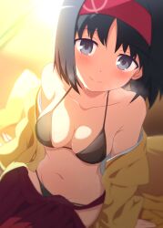 bare_belly bare_shoulders belly_button big_breasts black_bra black_eyes black_hair black_panties blush bra breasts cleavage closed_mouth collarbone curakuru erika_(pokemon) groin hairband hakama japanese_clothes kimono medium_hair open_clothes open_kimono panties pokemon sideboob smile underwear yellow_kimono