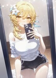 absurd_res ai_generated alternate_costume bare_shoulders black_shorts blonde_hair blush breasts casual cellphone closed_mouth contemporary cowboy_shot dolphin_shorts dutch_angle feather_hair_ornament feathers female female_pov flower genshin_impact hair_between_eyes hair_flower hair_intakes hair_ornament hand_up holding holding_phone indoors iphone large_breasts leaning_forward light_particles light_smile lily_(flower) long_hair looking_at_mirror looking_at_viewer lumine_(genshin_impact) medium_breasts medium_hair micro_shorts ministro mirror off-shoulder_shirt off_shoulder phone pov reflection selfie shirt shirt_tucked_in short_hair short_hair_with_long_locks short_shorts short_sleeves shorts side_slit_shorts sidelocks single_bare_shoulder single_off_shoulder smartphone smile solo standing t-shirt taking_picture taut_clothes taut_shirt thigh_gap thighs white_flower white_shirt wooden_floor yellow_eyes
