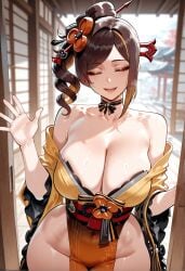 1girls ai_generated bangs bare_shoulders black_choker blush breasts brown_hair chiori_(genshin_impact) choker clavicle cleavage closed_eyes clothing collarbone covered_navel curvaceous curvaceous_female curvaceous_figure curvy curvy_figure detached_sleeves dress facing_viewer female female female_focus female_only flower genshin_impact hair_flower hair_ornament hair_ribbon hair_stick hoyoverse indoors inviting inviting_to_sex japanese_clothes jewelry kimono large_breasts legwear long_hair long_sleeves makeup miyuai mole multicolored_hair navel obi off_shoulder open-mouth_smile open_mouth pelvic_curtain ponytail presenting presenting_breasts presenting_self ribbon robe sash seductive seductive_look seductive_smile short_kimono side_drill side_ponytail sidelocks smile solo standing sweat thick_thighs thighs traditional_clothes voluptuous voluptuous_female wafuku waving wide_sleeves