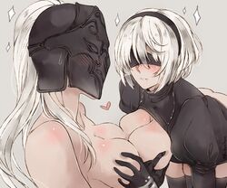 2girls artist_name blindfold blush breast_grab breast_press breasts crossover dark_souls dark_souls_3 fromsoftware hairband heart helmet long_hair mole mole_under_mouth mr-poritan multiple_girls nier:_automata nier_(series) short_hair silver_hair square_enix symmetrical_docking thighhighs yorha_2b yuri yuria_of_londor