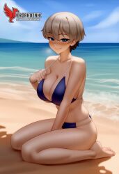 1girls 2d ai_generated ass back barefoot beach big_ass big_breasts bikini bikini_top blue_bikini blue_eyes cleavage day erophoenix feet gray_hair looking_at_viewer looking_back outdoors pale_skinned_female patreon_username short_hair sitting skin_fang sky smile soles solo swimsuit two-tone_hair uncensored uzaki-chan_wa_asobitai! uzaki_hana white_hair