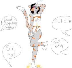 anthro black_hair bladder_bulge bodily_fluids domestic_cat felid feline felis fur genital_fluids hair heart_pupils heterochromia hi_res long_hair male mammal multicolored_body multicolored_fur nude_male omorashi orange_striped_fur pee_desperation peeing peeing_self potty_dance praising solo sparkat150 urine