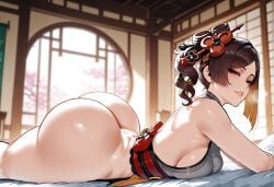 1girls ai_generated ass back bangs bare_shoulders bed bed_sheet bedroom blush bottomless breasts brown_hair chiori_(genshin_impact) choker cleavage clothing curtains curvaceous curvaceous_female curvaceous_figure curvy curvy_female curvy_figure drill_hair earrings female female female_focus female_only flower from_behind genshin_impact hair_ornament hoyoverse huge_ass huge_breasts indoors inviting inviting_to_sex jewelry kimono large_breasts light-skinned_female lips long_hair looking_at_viewer looking_back lying makeup miyuai mole multicolored_hair on_bed on_side on_stomach parted_bangs parted_lips pillow ponytail presenting presenting_ass presenting_breasts presenting_hindquarters presenting_self red_eyes robe seductive seductive_look seductive_smile shiny_skin sideboob sidelocks sleeveless smile solo sweat thick_thighs thighs traditional_clothes voluptuous voluptuous_female wafuku window
