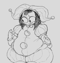 ass bbw belly big_ass big_belly black_and_white chubby chubby_female dicesinferno fat fat_belly fat_female female female_focus female_only glitch_productions huge_ass jester jester_hat jester_outfit overweight pomni_(the_amazing_digital_circus) sketch the_amazing_digital_circus tummy why_so_etch-a-sketch wide_hips