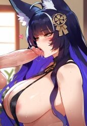 1boy 1girls ai_generated ass azur_lane big_breasts breasts fellatio female female_focus fox_ears hips huge_ass huge_breasts kitsune large_breasts looking_at_viewer looking_pleasured makeup milf musashi_(azur_lane) navel purple_hair sling_bikini smiling thick_thighs thighs wide_hips yellow_eyes
