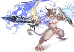 2017 animal_genitalia anthro armor balls blue_eyes dohs feline fur furry furry_only invalid_tag lion male male_only mammal melee_weapon muscular muscular_male no_humans penis pose shield simple_background sword weapon white_background white_fur