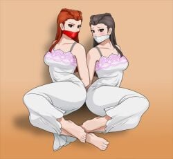 2girls angry arms_behind_back barefoot black_hair blush bondage dahlia_hawthorne dress female female_only femsub fully_clothed gag gagged gyakuten_saiban iris_hawthorne just_some_guy long_dress looking_at_viewer multiple_girls multiple_subs nightgown nightie on_side restrained sister_iris sisters thick_thighs twins wide_hips
