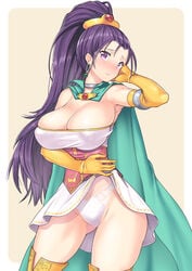 bare_shoulders big_breasts blush breasts cape choker cleavage clothing cosplay dragon_quest dragon_quest_xi dress dress_lift female huge_breasts jade_(dq11) large_breasts long_breasts nagase_haruhito panties ponytail purple_eyes purple_hair thigh_gap thighs voluptuous wide_hips