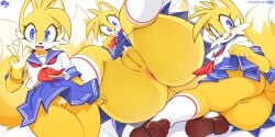 anthro anus biped blue_eyes bottomwear canid canine clothing female fingers footwear fox fur genitals hi_res krokobyaka looking_at_viewer low-angle_view mammal multicolored_body multicolored_fur multicolored_tail pupils pussy sega shoes skirt solo sonic_(series) sonic_the_hedgehog_(series) standing tail tails tails_the_fox tailsko topwear white_body white_fur white_tail yellow_body yellow_fur yellow_tail