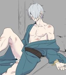 abuse after_anal after_rape after_sex angry bruise bruised bruises cum cum_in_ass cum_inside cum_on_body gay gegege_no_kitarou grey_hair hair_over_one_eye japanese_clothes kimono kitarou_tanjou_gegege_no_nazo male male_only medama_oyaji_(human) no_visible_genitalia off_shoulder open_kimono pale-skinned_male pale_skin rape shaded_face shiwashiwa_no_kinchakubukuro sitting solo toned toned_male white_hair wide_eyed yaoi