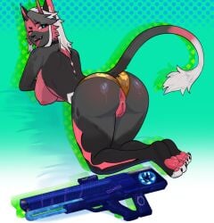 anthro anus areola ass bedroom_eyes big_breasts black_body black_fur black_highlights breasts choker clothed clothing clothing_aside curved_horn demon domestic_cat fangs felid feline felis female fur genitals hair half-closed_eyes hi_res highlights_(coloring) horn humanoid_genitalia humanoid_pussy inviting jewelry laser_gun looking_at_viewer looking_back looking_back_at_viewer mammal narrowed_eyes necklace one_eye_closed open_mouth open_smile panties panties_aside panties_only pawpads paws pink_pawpads presenting presenting_anus presenting_hindquarters presenting_pussy puffy_areola pussy ranged_weapon red_areola red_body red_fur riru-ku seductive shi_(oolongmatchatea) smile solo tail tail_tuft teeth three-quarter_view tongue tongue_out topless topless_anthro topless_female tuft underwear underwear_aside underwear_only weapon white_hair wink y_anus