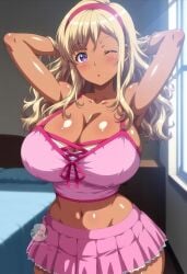 1girls ai_generated baka_dakedo_chinchin_shaburu_no_dake_wa_jouzu_na_chii-chan bed bedroom blonde_hair blush closed_eye dark-skinned_female dark_skin gyaru hands_behind_head lipstick long_hair looking_at_viewer makeup miniskirt purple_eyes shiina_chieri shiny_skin skirt