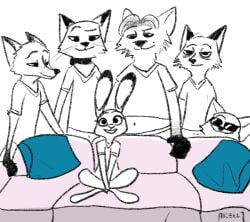 black_and_white crossed_legs finnick_(zootopia) fox gideon_grey group judy_hopps looking_at_viewer meme nick_wilde nick_wilde_(zistopia) piper_perri_surrounded predator/prey rabbit rinehart_nye_(wynn) shock_collar sitting sofa sunglasses t-shirt white_background zistopia zootopia