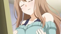 1girls animated blush breasts brown_hair closed_eyes fondle hand_on_breast large_breasts mind_control pointy_chin possession screencap self_fondle sweater tamashii_insert yui_takahashi