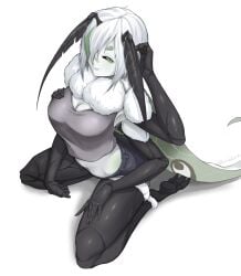 antenna breasts female hair juniper_(egocider) juniper_actias moth multi_arm multi_limb shirt solo solo_female tagme virtual_youtuber white_hair