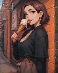 1girls ai_generated aisinful breasts cleavage female hi_res ice_cream licking medium_breasts public skirt tachibana_kotoha wide_hips wind_breaker