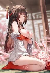 ai_generated breasts_out honkai:_star_rail japanese_clothes japanese_house lingsha_(honkai:_star_rail) naked_female nipples raaicave