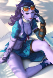 alternate_costume artgerm bikini bikini_top blizzard_entertainment blue_hair cote_d'azur_widowmaker female long_hair overwatch purple_skin sitting solo sunglasses tattoo widowmaker