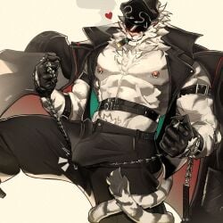 1boy abs animal animal_humanoid biceps black_jacket black_pants bulge bulge_through_clothing chains chris_sdd cigar cigar_in_mouth cigar_smoke dislyte furry furry_male furry_only gloves grabbing_chains grin grinning hearts_around_head hi_res hidden_eyes highres jin_qiu jin_qiu_(dislyte) jin_qiu_(ru_shou)_(dislyte) leaking leaking_precum leaking_through_clothes leaking_through_clothing leather_gloves leather_harness leather_hat leather_jacket leather_straps legs_apart legs_spread male male_focus male_only muscular muscular_male nipple_piercing nipples smile smiling smoking smoking_cigar solo solo_male sunglasses sweat sweatdrop sweating sweating_male tail_around_leg thighs tiger twitching_penis white_fur white_tiger