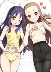 alternate_skin_color bare_arms bare_legs bare_shoulders bare_thighs bed bed_sheet belly_button blue_hair blush bow_panties breasts brown_eyes brown_hair clothes_lift collarbone crotch_seam forehead heart_hands iris_(pokemon) jasmine_(pokemon) lifting_own_clothes long_hair lying medium_breasts negimiso1989 one_eye_closed panties panties_under_pantyhose pantyhose parted_lips pokemon smile thigh_gap thighband_pantyhose thighs tongue tongue_out underboob white_panties wink yellow_panties