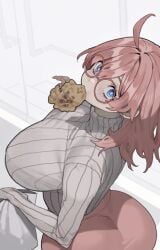 ass ass_focus big_ass big_breasts big_butt blue_eyes blush blush_lines clothed clothing cookie cute glasses looking_at_viewer mimyo original original_character pink_hair short_hair tight_clothes tight_clothing tight_fit tilted_head