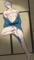 arms_behind_back barefoot blush bondage bulge dilf full_body fundoshi gegege_no_kitarou grey_hair hair_over_one_eye japanese_clothes kimono kitarou_tanjou_gegege_no_nazo looking_at_viewer male male_only malesub mecchori medama_oyaji_(human) muscular muscular_male on_back pale-skinned_male pale_skin pecs restrained solo sweat tatami white_hair