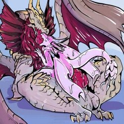 ambiguous_gender anthro balls bodily_fluids capcom claws digital_media_(artwork) dragon duo elder_dragon erection feral genital_fluids genitals goo_creature hair hi_res horn male malzeno membrane_(anatomy) membranous_wings monster_hunter mythological_creature mythological_scalie mythology nasty-pink nude open_mouth penetration scales scalie sex simple_background slime tail teeth tongue wings