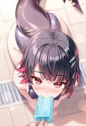 ai_generated blush ellen_joe popsicle_in_mouth raaicave red_eyes sitting_on_floor zenless_zone_zero