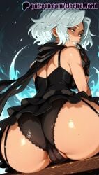 1girls 2025 ai_generated artist_name ass black_panties cameltoe electroworld fat_mons female garter_belt garter_straps gloves hi_res high_quality high_resolution highres long_hair looking_at_viewer looking_back no_more_heroes panties patreon patreon_username red_eyes shinobu_jacobs smile solo stable_diffusion underwear watermark
