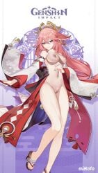 big_breasts genshin_impact naked nude_edit nude_filter pink_hair pussy yae_miko