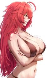 absurdres ahoge arms_under_breasts bikini black_bikini blush breasts cleavage commentary crossed_arms english_commentary female fingernails from_side goddess_of_victory:_nikke grin highres large_breasts long_fingernails long_hair looking_ahead navel nihilister_(nikke) pixiv_logo pixiv_username profile red_eyes red_hair shiny_skin sideways_mouth simple_background smile solo stomach string_bikini swimsuit twitter_logo twitter_username upper_body very_long_hair water_drop wet white_background yunareas