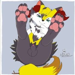 4_toes alzar_fox animal_genitalia anthro anus ass axel_(pawhunter) balls braixen claws feet foot_focus generation_6_pokemon genitals green_eyes legs_up male male_only nintendo pawpads paws penis penis_tip pink_paws pokemon pokemon_(species) sheath solo toes