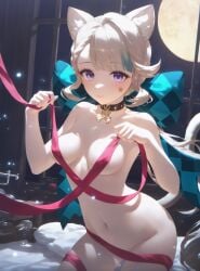 absurd_res ai_generated animal_ear_fluff animal_ears aqua_bow aqua_hair areola_slip bed black_choker black_collar blonde_hair blue_bow blue_hair blush bow braid breasts breasts_apart cat_ears cat_girl cat_tail checkered_bow checkered_clothes choker closed_mouth collar collarbone completely_nude convenient_censoring cowboy_shot facial_mark facial_tattoo female flower full_moon genshin_impact green_bow grey_hair groin hairbow hands_up holding holding_ribbon huge_bow indoors large_bow leaning_forward light_brown_hair light_particles long_hair looking_at_viewer low_ponytail lynette_(genshin_impact) medium_breasts ministro moon moonlight multicolored_hair naked_ribbon navel night night_sky nude on_bed pillow plaid_bow ponytail purple_eyes red_flower red_ribbon red_rose ribbon rose sidelocks sky small_breasts smile solo standing star_(symbol) star_facial_mark star_tattoo stomach streaked_hair tail tattoo teardrop_facial_mark thighs very_long_hair white_hair window