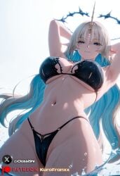 1boy bare_shoulders bikini bikini_bottom_aside bikini_top_lift black_bikini blonde_hair blue_eyes blue_hair blush breasts cartethyia_(wuthering_waves) clitoris clothes_lift clothing_aside collarbone colored_inner_hair earrings elf female fleurdelys_(wuthering_waves) gacha halo heterosexual large_breasts long_hair looking_at_viewer navel nipples on_back open_mouth outdoors penis pointy_ears pov pussy solo_focus spread_legs stomach swimsuit thighs tongue_out two-tone_hair uncensored vaginal_sex veins water wet wuthering_waves
