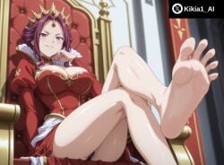 ai_generated barefoot big_ass blush crossed_legs crown dress earrings female female_focus foot_fetish from_below full_body indoors kikia1 large_breasts looking_at_viewer mature_female mirelia_q_melromarc presenting_feet purple_eyes purple_hair queen sitting soles tate_no_yuusha_no_nariagari toes