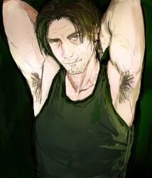 armpit_crease armpit_fetish armpit_hair armpit_tuft armpits bara bichianti black_tank_top brown_eyes brown_hair gurt_sybau hair jimmy_(mouthwashing) male male_only middle_aged_male mouthwashing muscular muscular_male smirking_at_viewer stubble tank_top teasing_look white_male yaoi