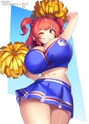 1girls big_breasts breasts cheerleader cheerleader_uniform cleavage clothed_female huge_breasts japanese_text komachi_onozuka light-skinned_female one_eye_closed red_eyes red_hair solo solo_female tarmo thick_thighs thighs touhou touhou_lost_word twintails watermark