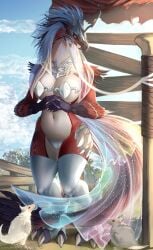 absurd_res anthro anthro_focus artist_name big_breasts bird_wyvern breasts camel_toe capcom claws clothed clothing countershading digitigrade dinosaur feathers female female_focus feral hi_res iris-icecry legwear monster_hunter navel non-mammal_breasts non-mammal_navel nude prehistoric_species red_body reptile scalie seikret solo_focus stockings tail text theropod thick_thighs toe_claws white_body white_countershading