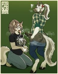 anthro ass big_breasts big_penis bodily_fluids breasts brown_hair clothed clothed_anthro clothed_female clothing cum cum_on_breasts cum_on_shirt duo equid equine erection eyewear female flannel_shirt fully_clothed fully_clothed_anthro fully_clothed_female gatogenerico genital_fluids genitals glasses green_lipstick hair hi_res horse hyena jeans_down kiss_mark_on_butt lipstick lipstick_on_penis makeup male male/female mammal masturbation mature_female penile penile_masturbation penis ponytail rectangular_glasses saliva_on_butt smile