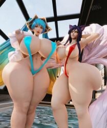 2girls 3d ahri blender blue_eyes blue_hair child_bearing_hips female_only fox_ears fox_girl fox_tail hair_ornament hourglass_figure huge_ass huge_breasts kitsune league_of_legends looking_at_viewer ponytail pool pubic_hair riot_games skulrot99 sling_bikini slingshot_swimsuit small_bikini sona_buvelle that_pool thick_thighs twintails voluptuous voluptuous_female water watermark whisker_markings wide_hips wink winking_at_viewer yellow_eyes